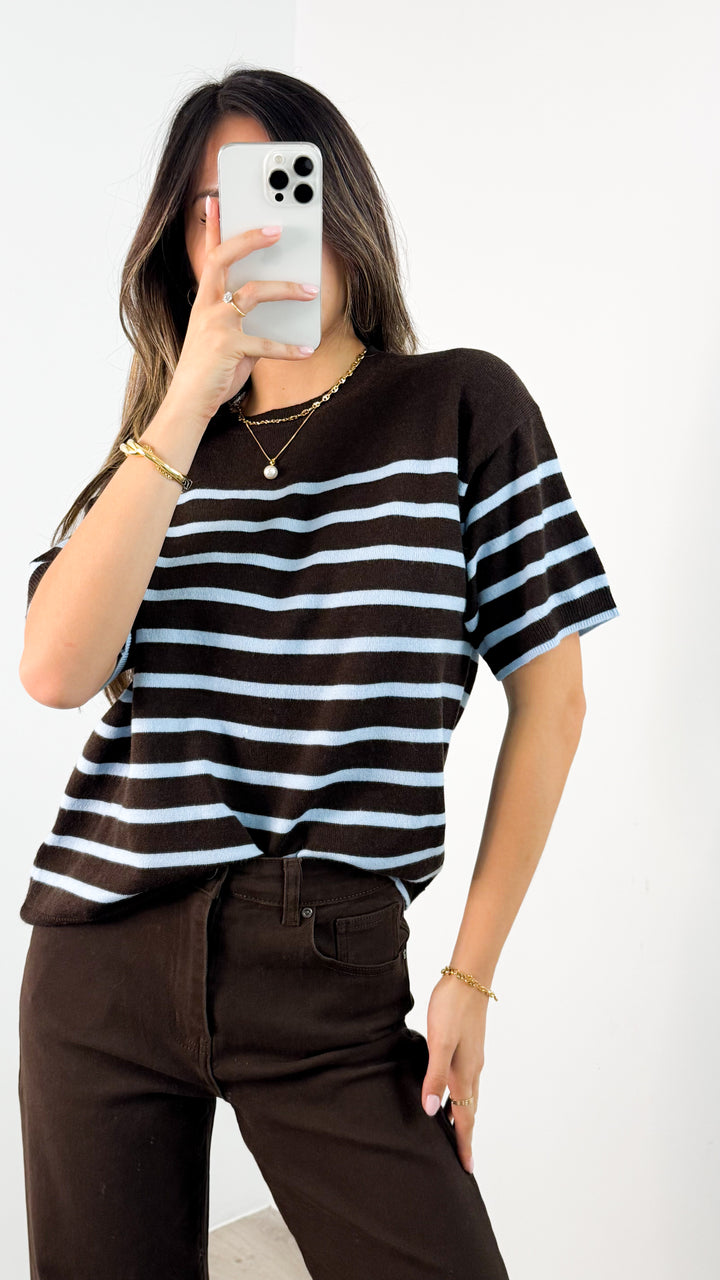 TALITA KNIT TEE - CHOCOLATE/BABY BLUE