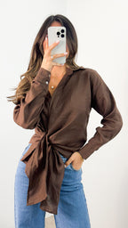 COMO LONG SLEEVE LINEN SHIRT - CHOCOLATE