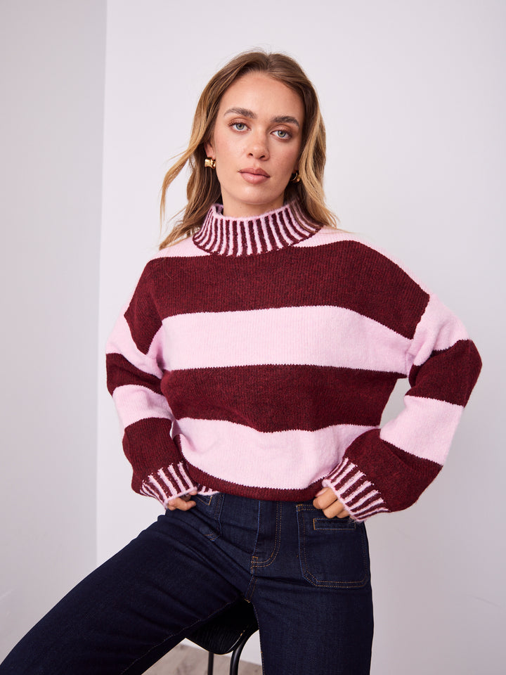 BESSIE BLOCK STRIPE KNIT - WINE/PINK