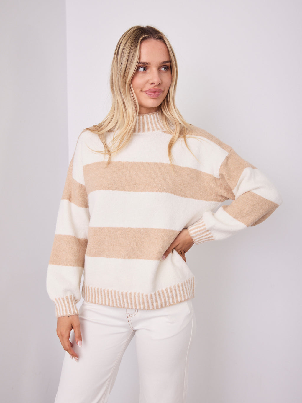 BESSIE BLOCK STRIPE KNIT - OATMEAL/WHITE