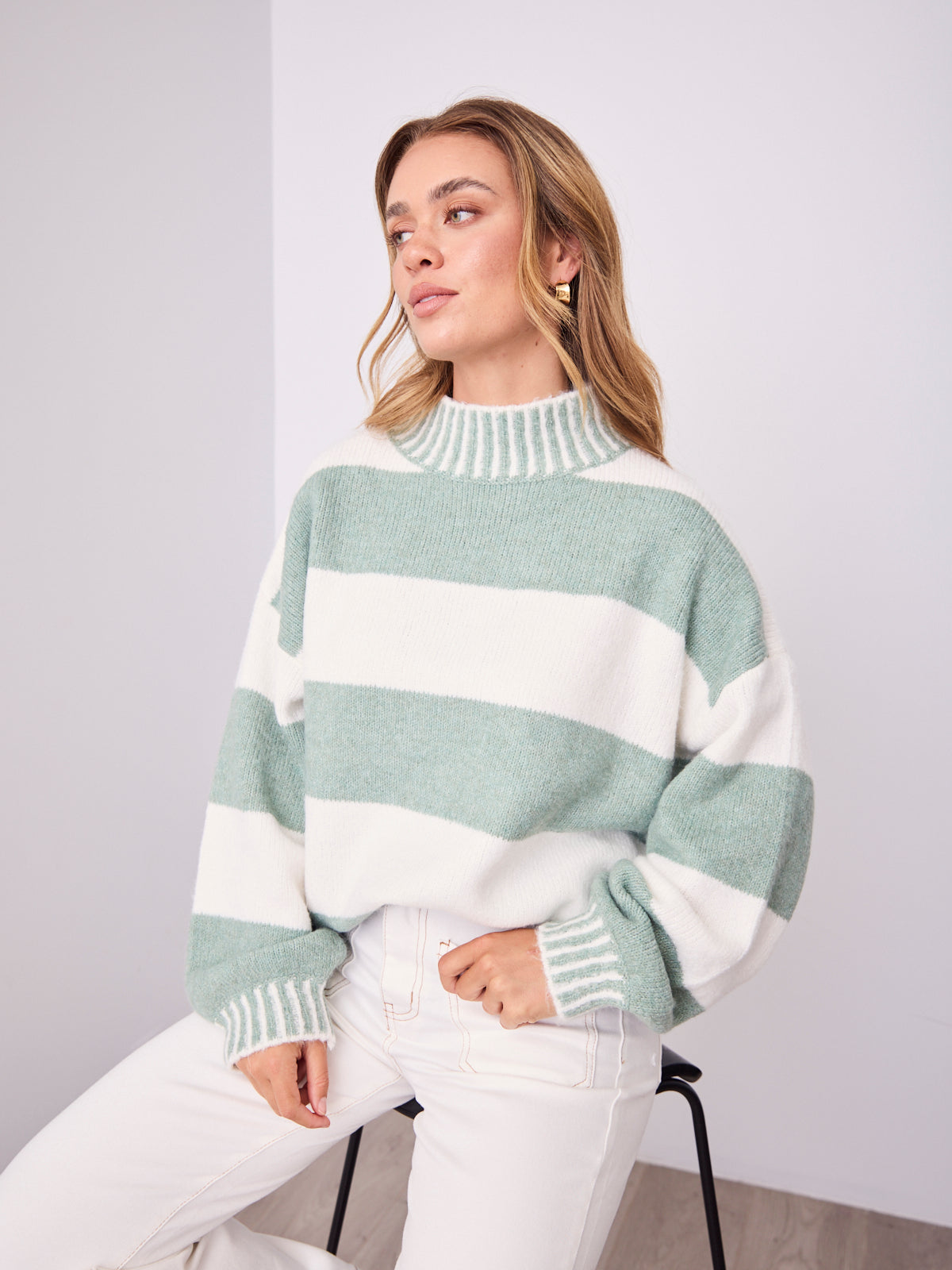 BESSIE BLOCK STRIPE KNIT - SAGE/WHITE