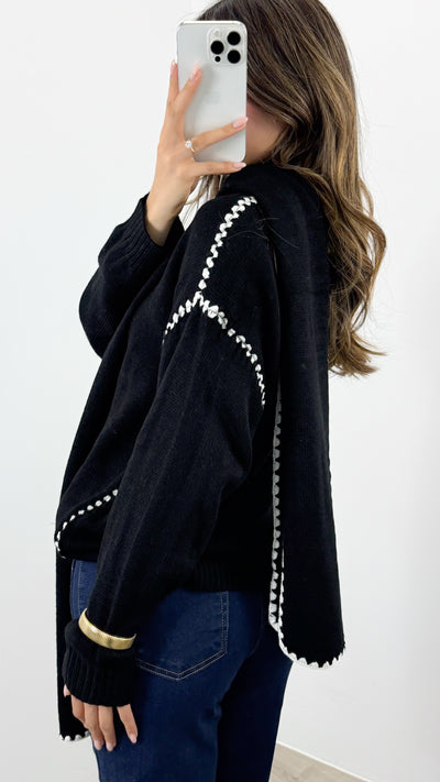PARIS STITCH KNIT WITH SCARF - BLACK