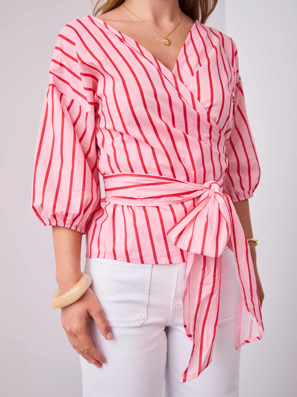 CANDICE STRIPE WRAP SHIRT - PINK