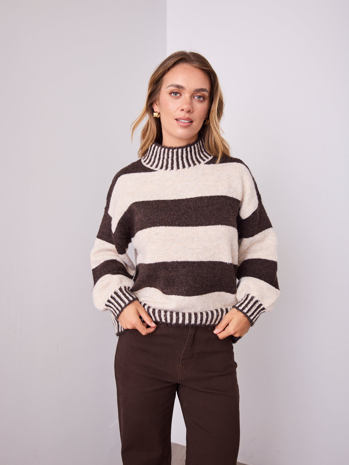 BESSIE BLOCK STRIPE KNIT - CHOCOLATE/OATMEAL