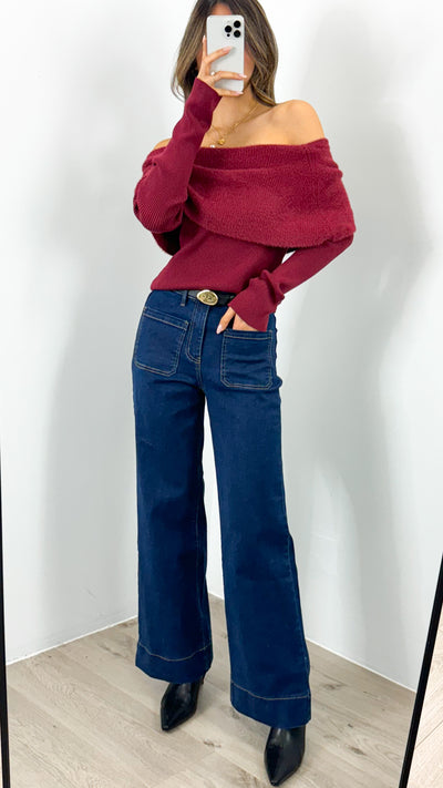 CARLY OFF SHOULDER KNIT TOP - WINE