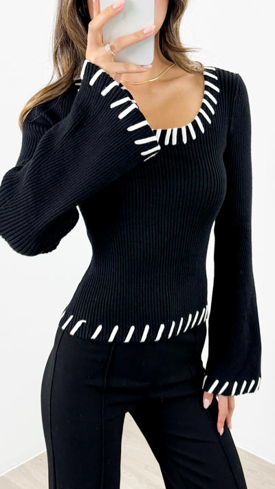 REID KNIT FITTED TOP - BLACK