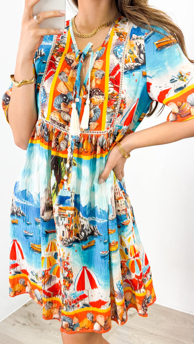 TRAPANI KNEE LENGTH DRESS - BLUE PRINT