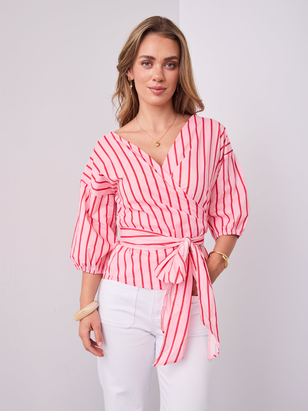 CANDICE STRIPE WRAP SHIRT - PINK