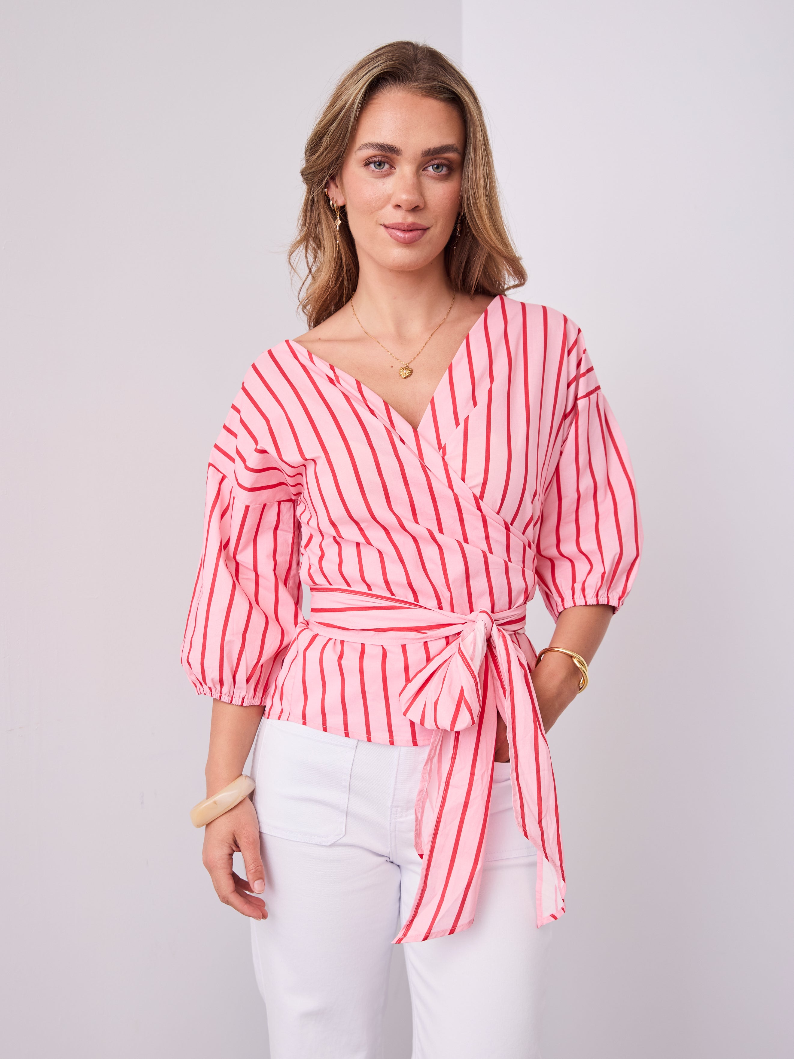 CANDICE STRIPE WRAP SHIRT - PINK