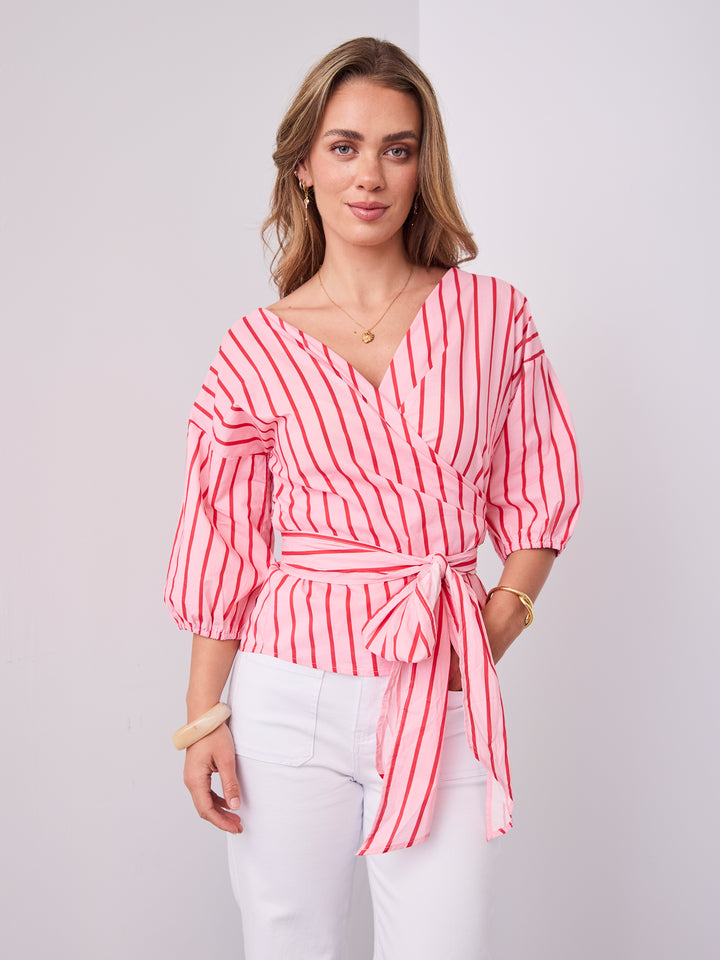 CANDICE STRIPE WRAP SHIRT - PINK