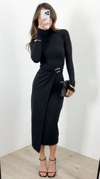 BROOKLYN LONG SLEEVE FITTED MIDI DRESS - BLACK