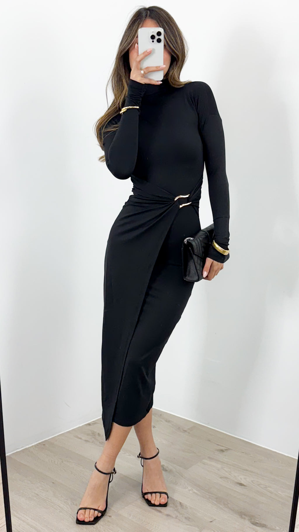 BROOKLYN LONG SLEEVE FITTED MIDI DRESS - BLACK