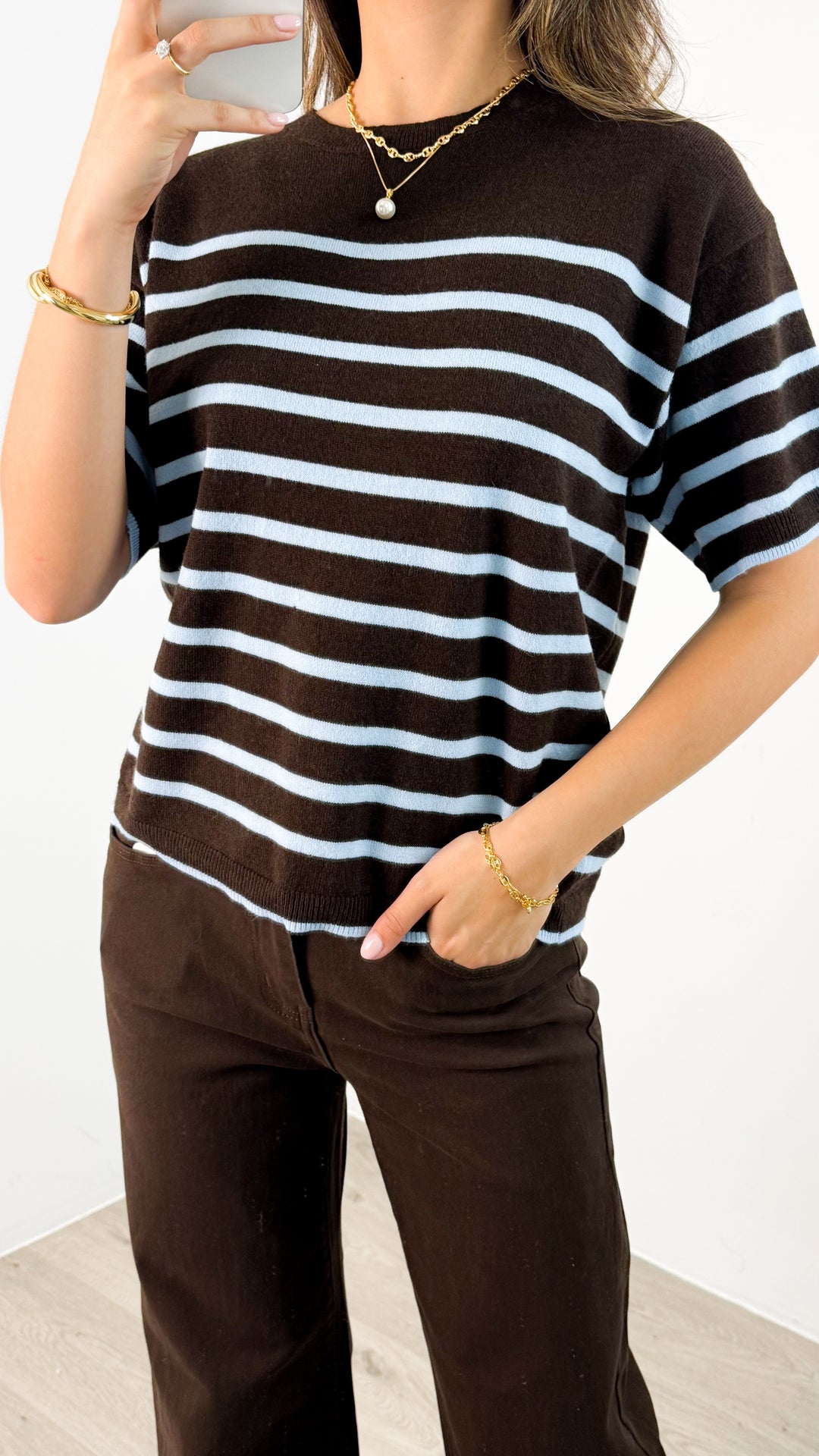 TALITA KNIT TEE - CHOCOLATE/BABY BLUE