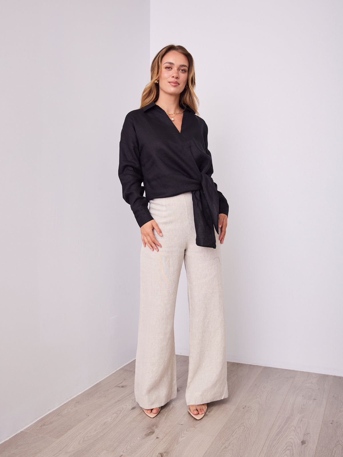 COMO LONG SLEEVE LINEN SHIRT - BLACK