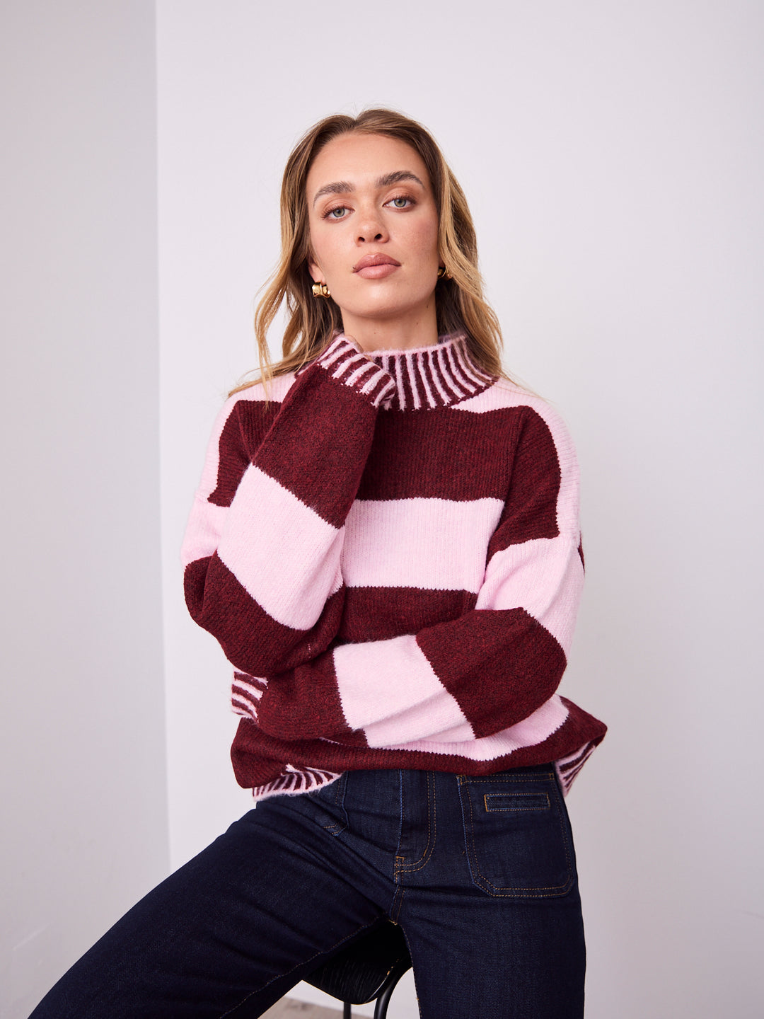 BESSIE BLOCK STRIPE KNIT - WINE/PINK