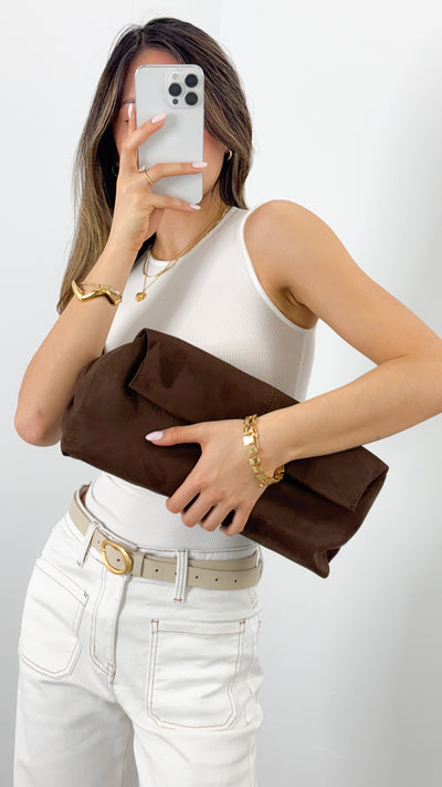 ADDISON FAUX SUEDE SLOUCH CLUTCH - CHOCOLATE