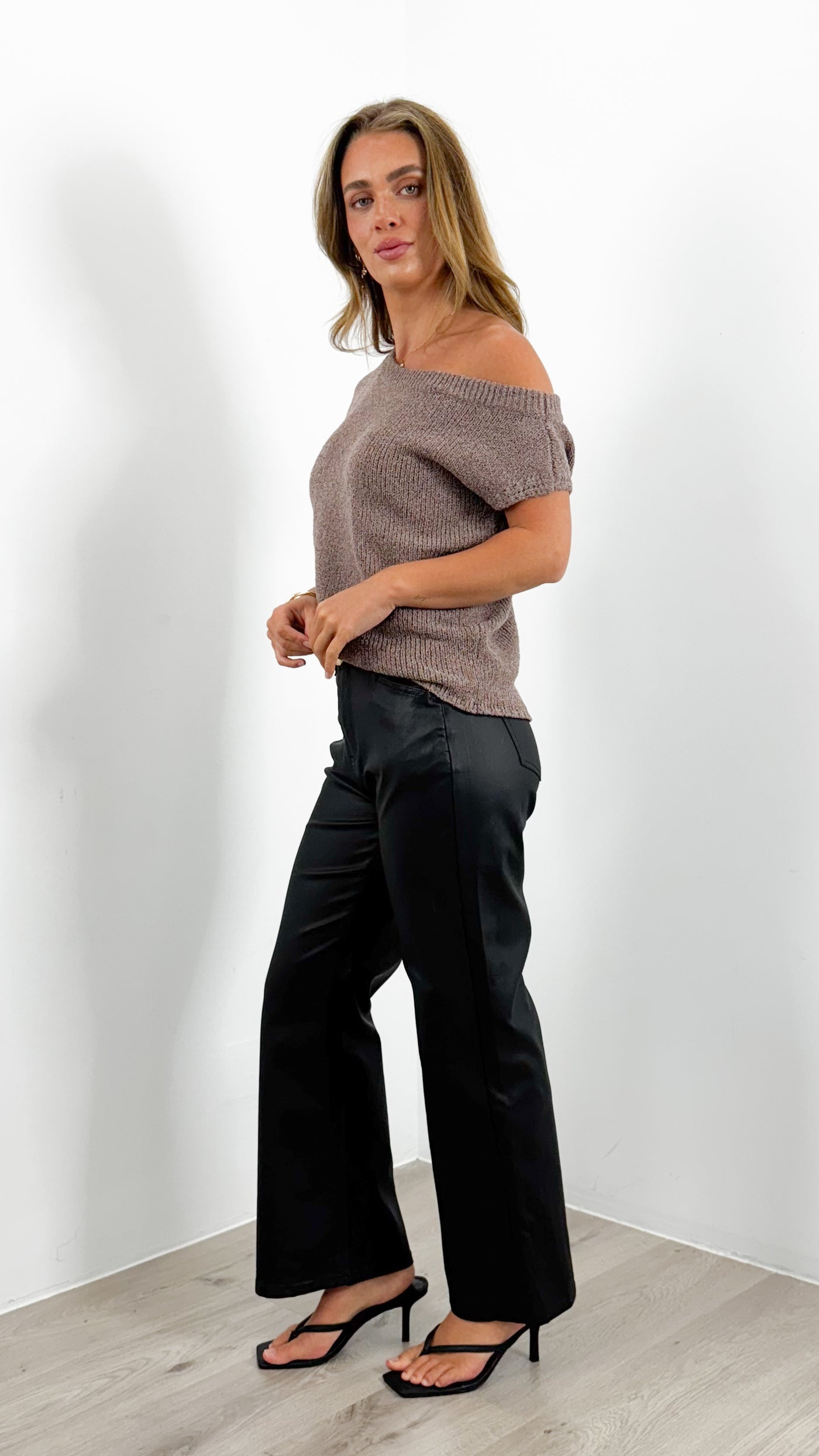 PERRY WAXED LOOK STRETCH WIDE LEG JEAN - BLACK