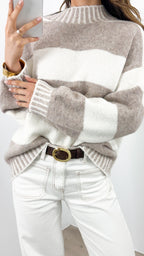 BESSIE BLOCK STRIPE KNIT - MOCHA/WHITE