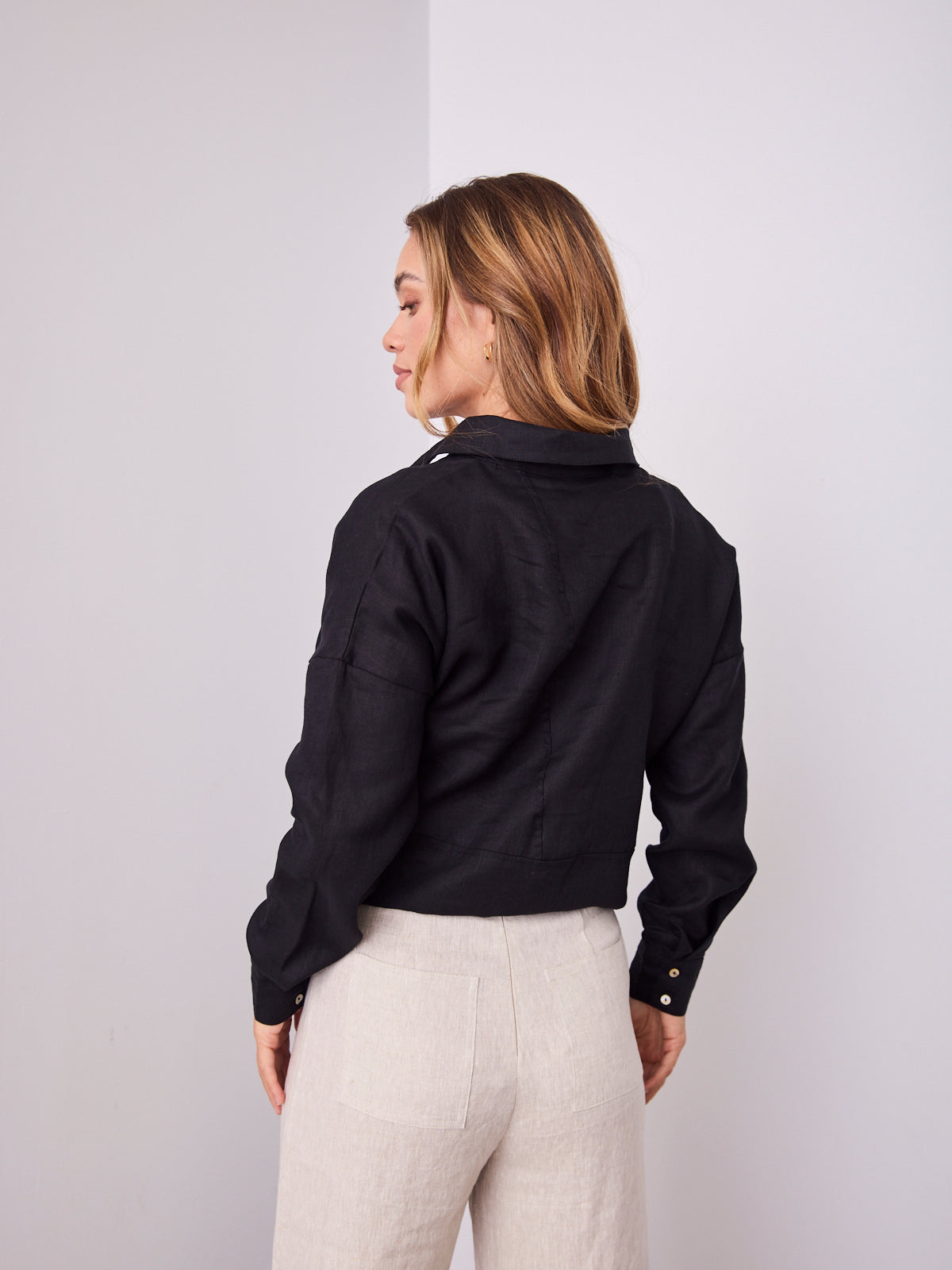 COMO LONG SLEEVE LINEN SHIRT - BLACK