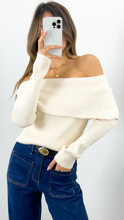 CARLY OFF SHOULDER KNIT TOP - CREAM