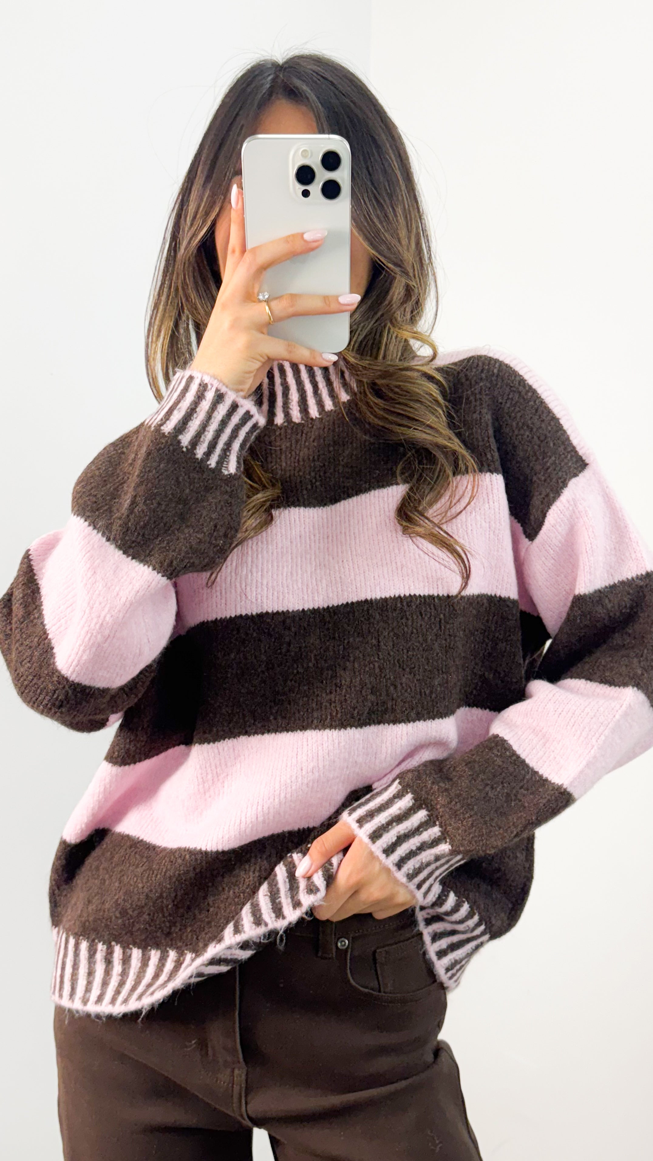 BESSIE BLOCK STRIPE KNIT - CHOCOLATE/PINK