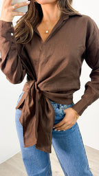 COMO LONG SLEEVE LINEN SHIRT - CHOCOLATE