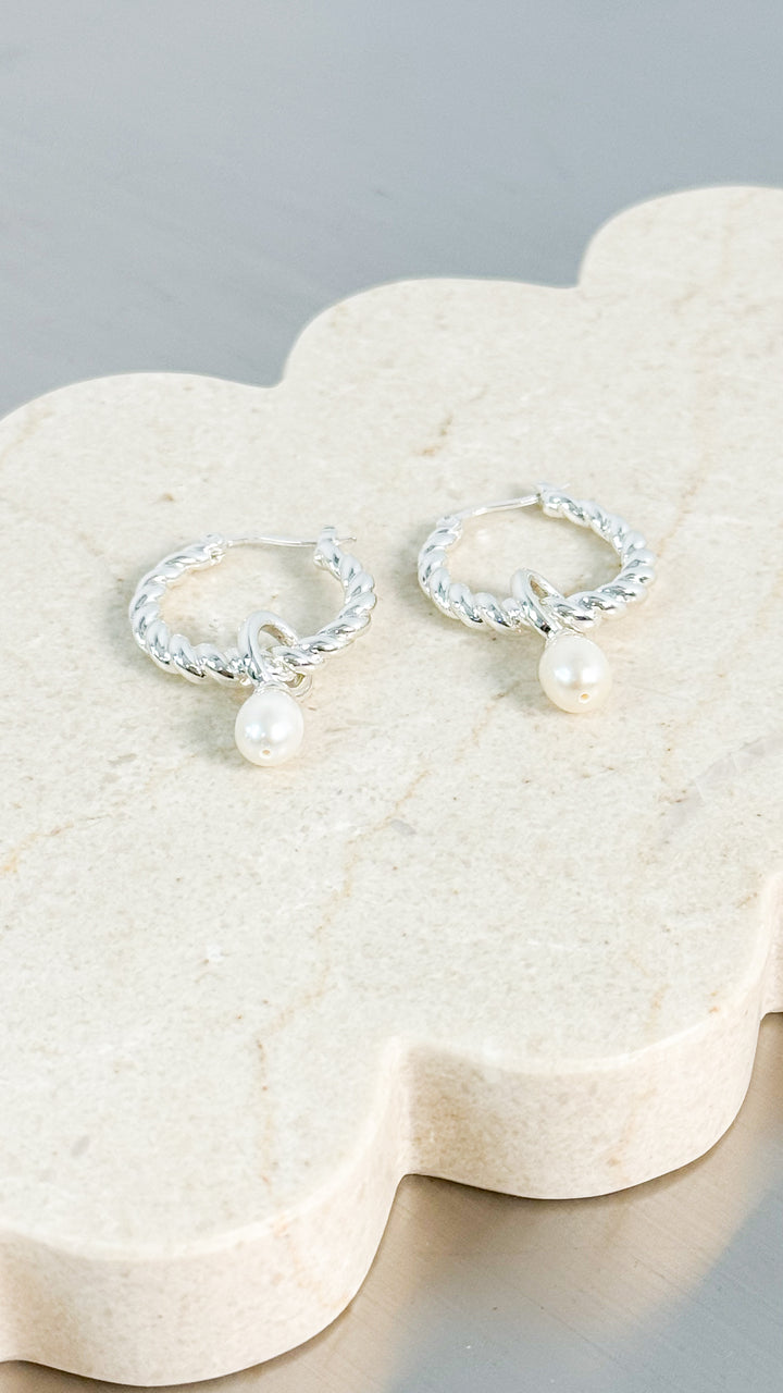TWIST PEARL SILVER PLATED DROP EARRINGS - SILVER