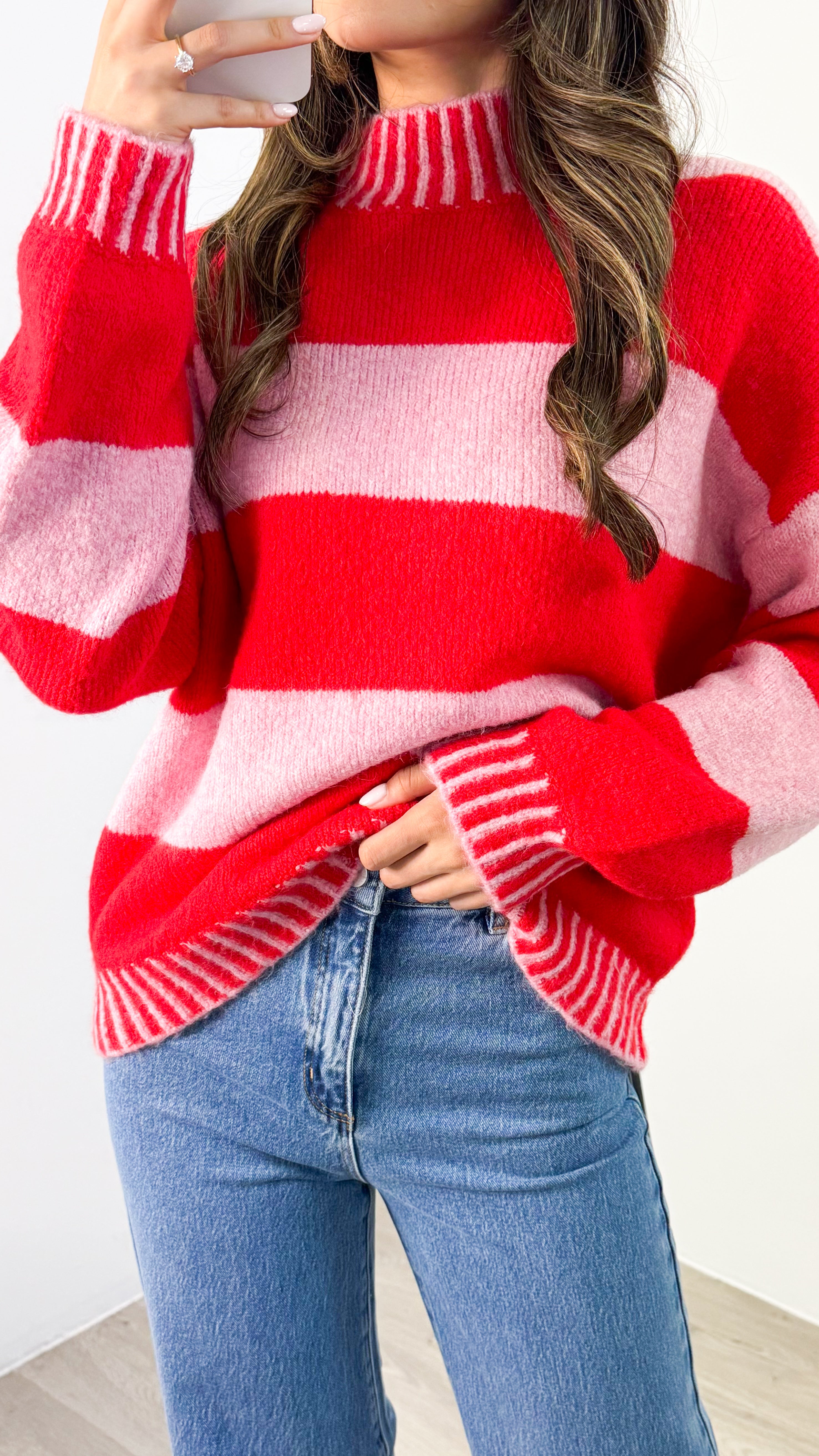 BESSIE BLOCK STRIPE KNIT - PINK/RED
