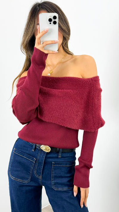 CARLY OFF SHOULDER KNIT TOP - WINE