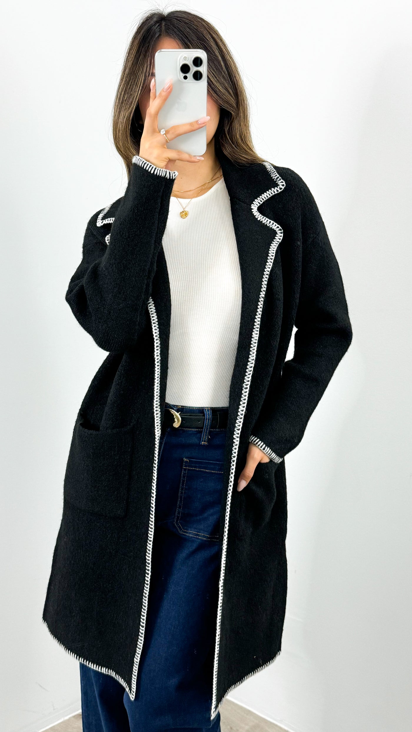 BESSIE STITCH COATIGAN - BLACK
