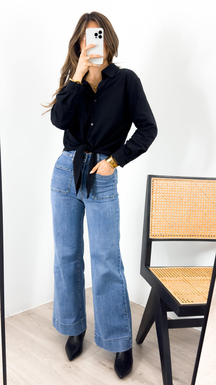 MACY TIE FRONT SHIRT - BLACK