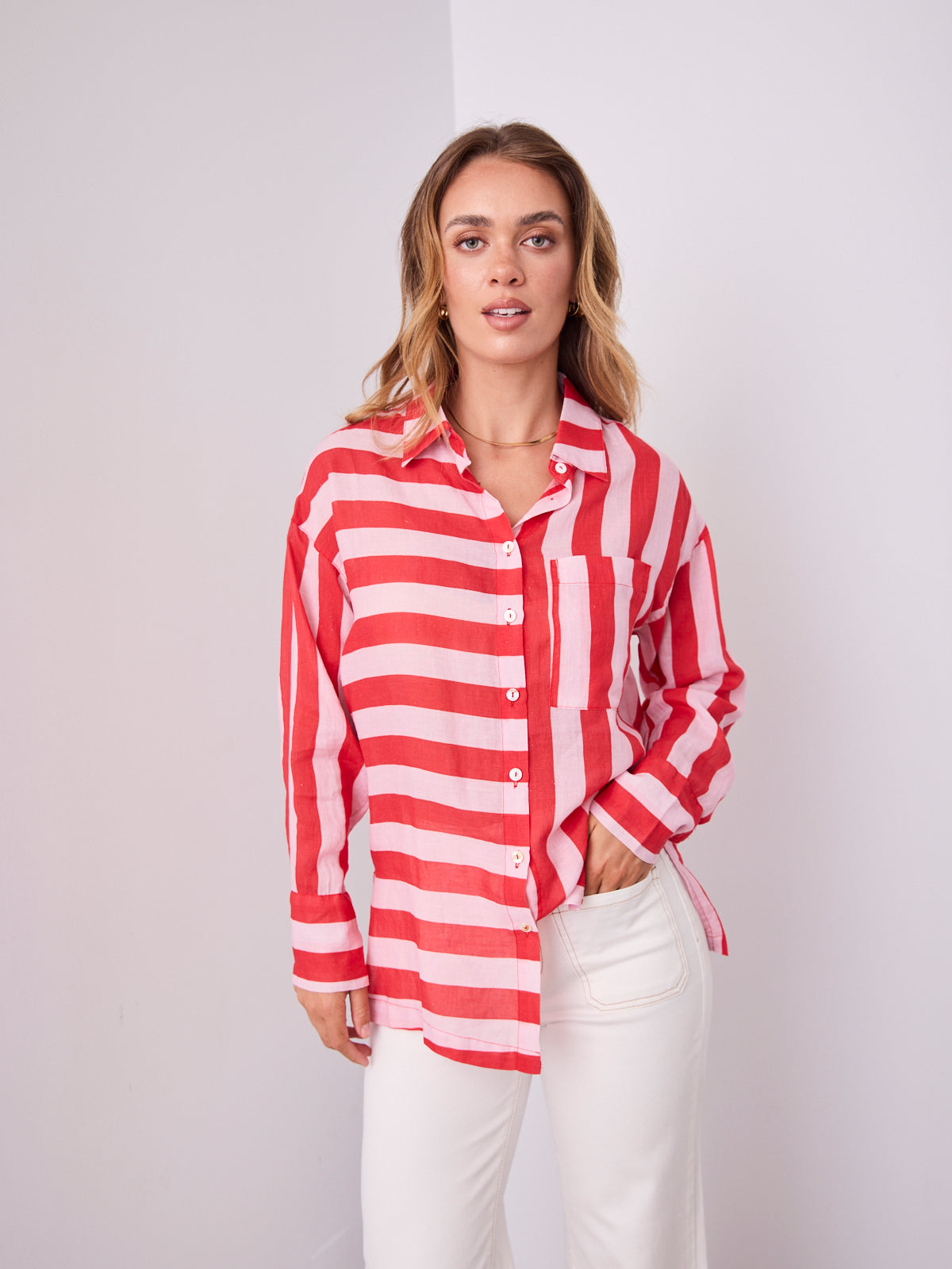 LAINE LINEN SHIRT - PINK/RED