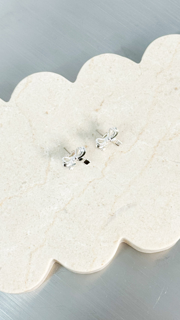 BOW STUD STERLING SILVER PLATED EARRINGS - SILVER
