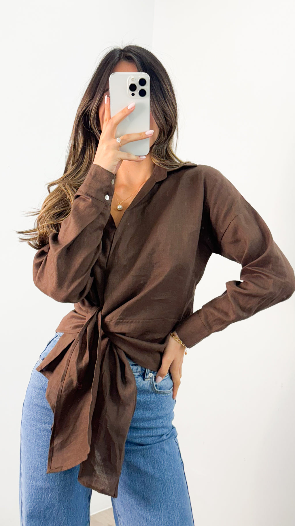 COMO LONG SLEEVE LINEN SHIRT - CHOCOLATE