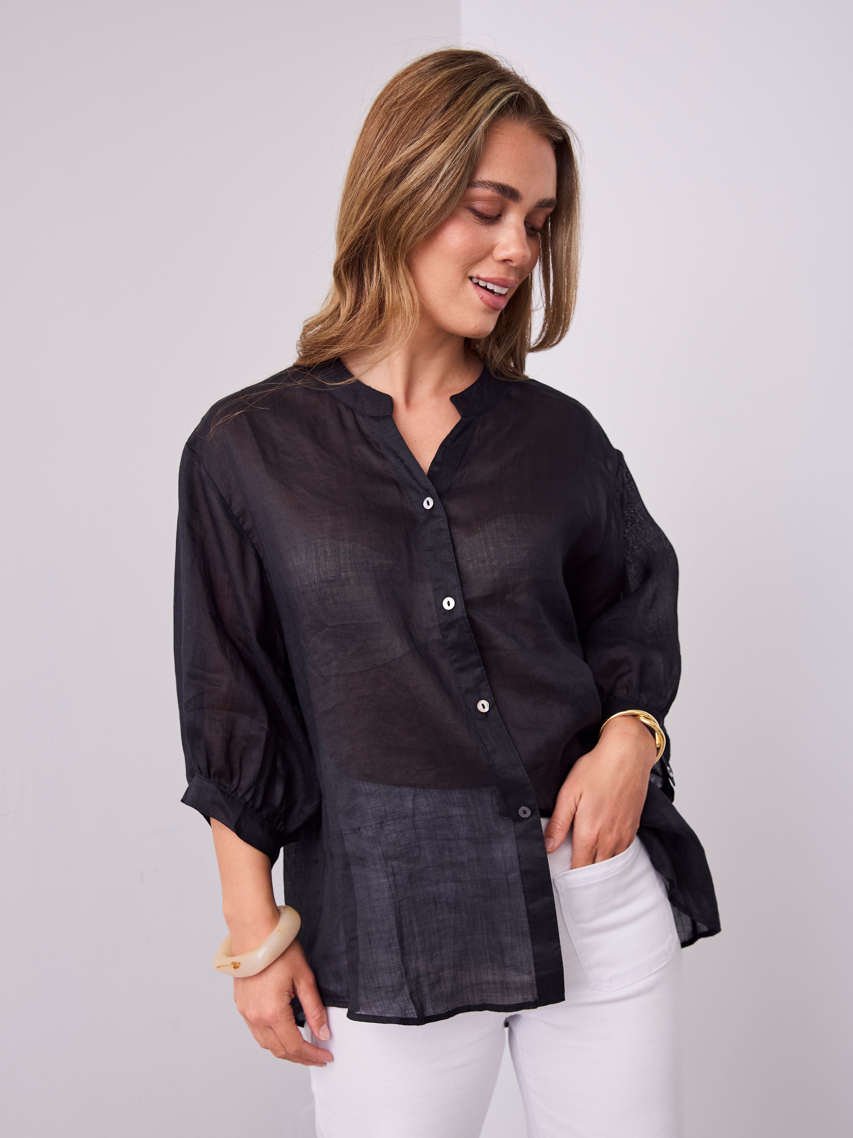 MARTA LINEN SHIRT - BLACK