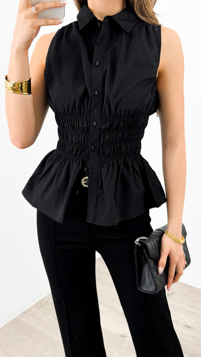 DEMI SHIRRED SHIRT - BLACK