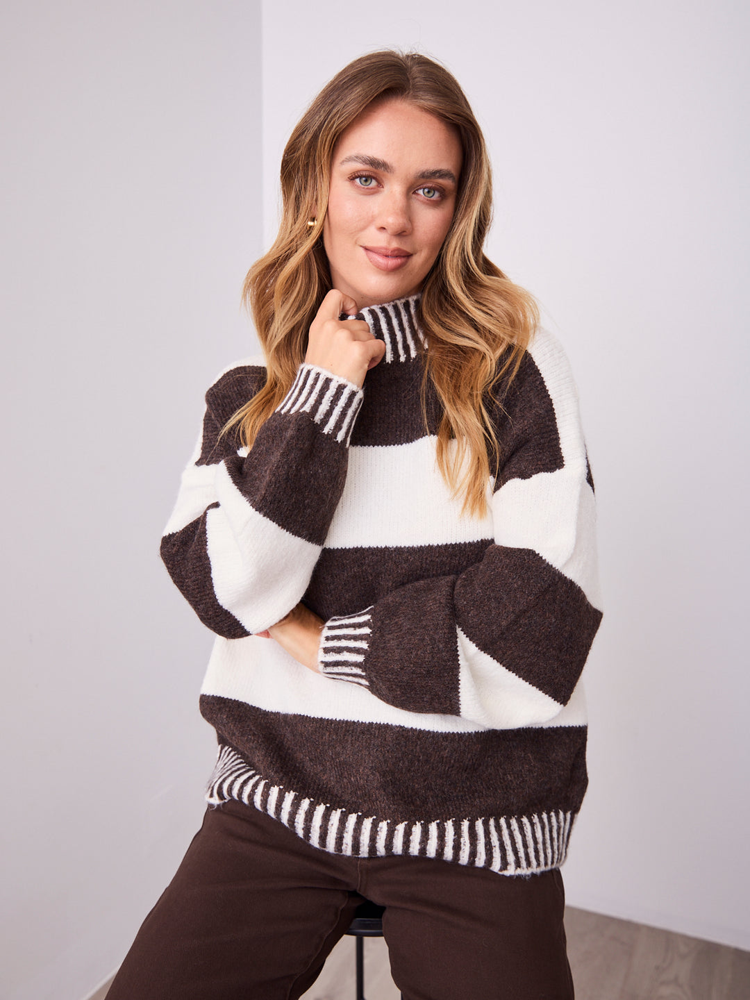 BESSIE BLOCK STRIPE KNIT - CHOCOLATE/WHITE