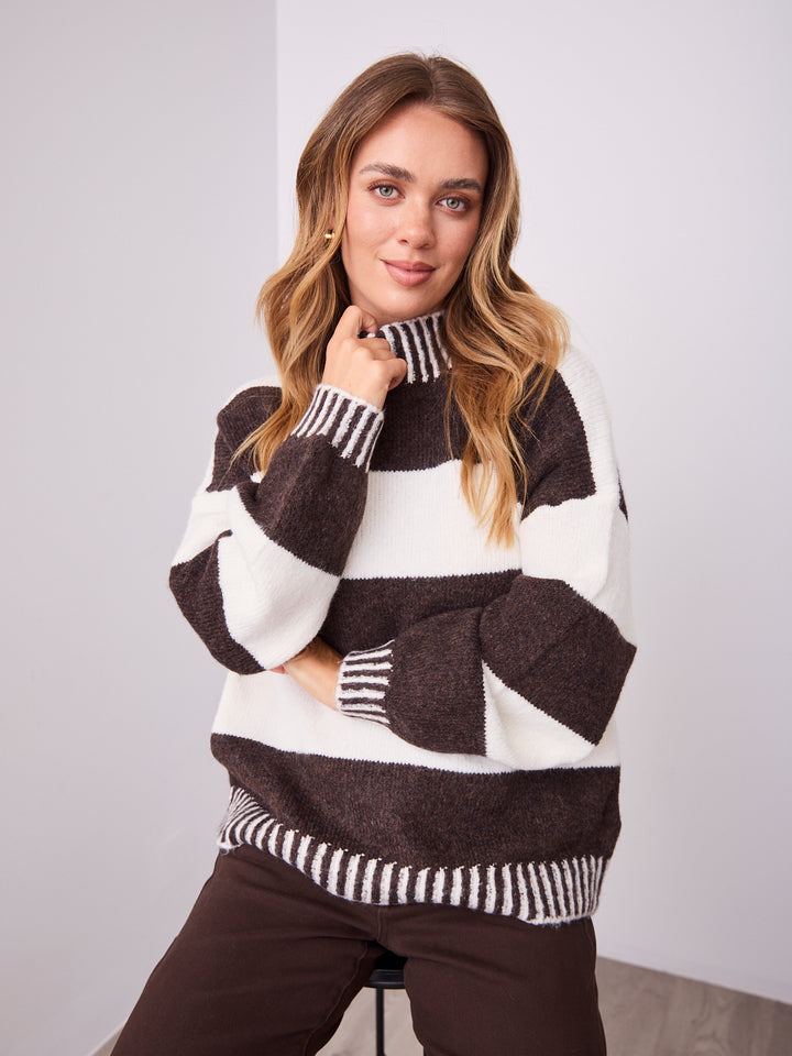 BESSIE BLOCK STRIPE KNIT - CHOCOLATE/WHITE