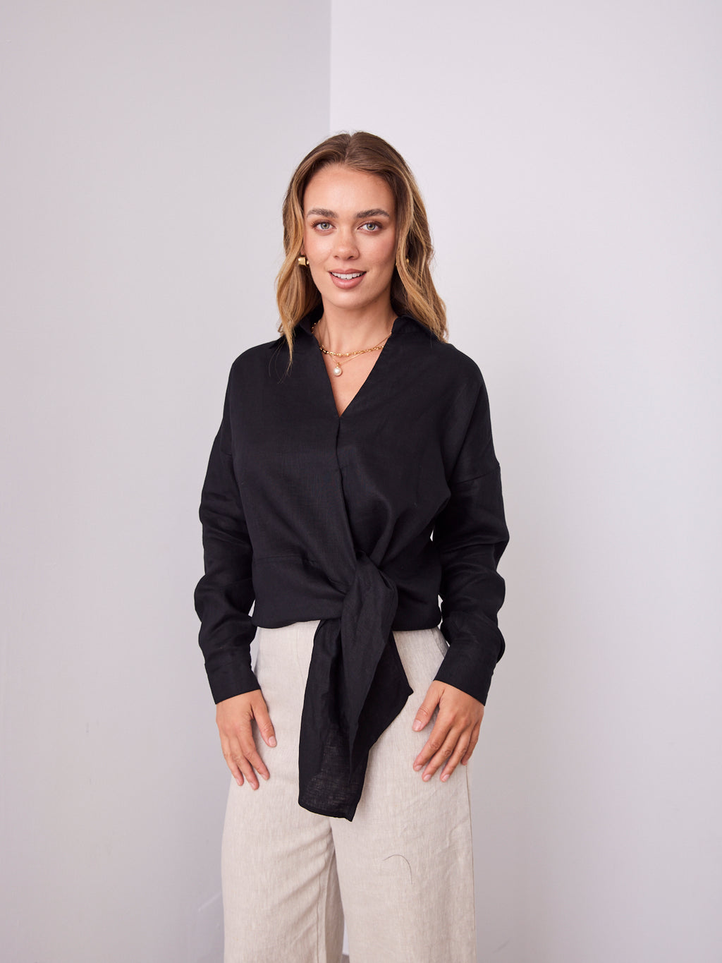COMO LONG SLEEVE LINEN SHIRT - BLACK