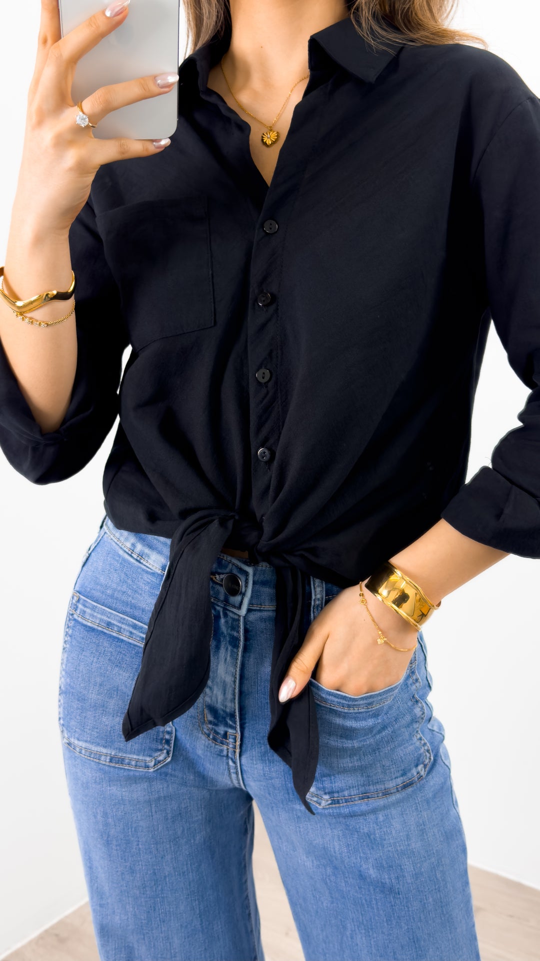 MACY TIE FRONT SHIRT - BLACK