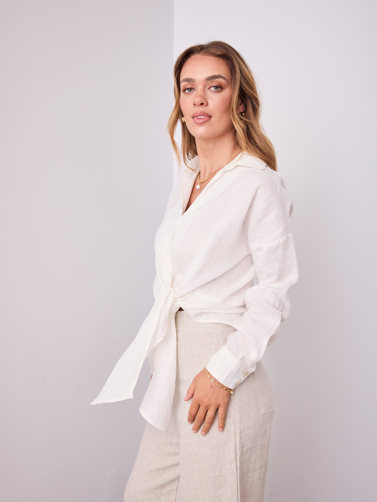 COMO LONG SLEEVE LINEN SHIRT - WHITE