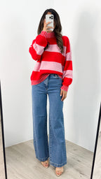 BESSIE BLOCK STRIPE KNIT - PINK/RED