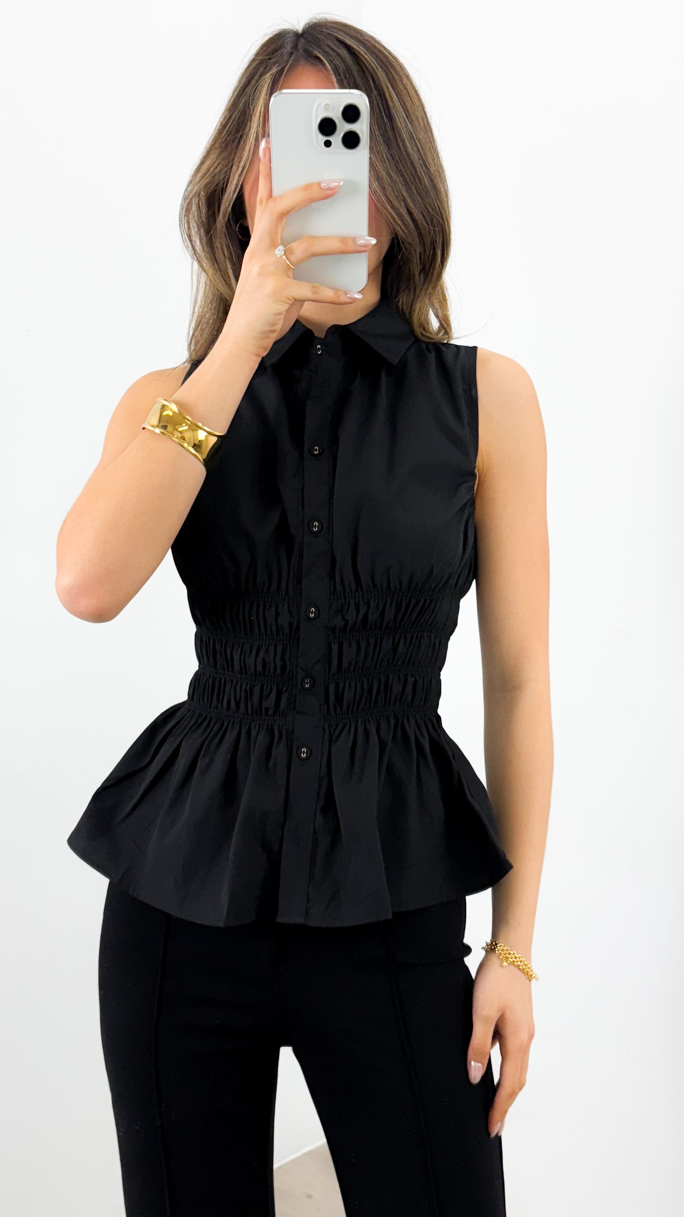 DEMI SHIRRED SHIRT - BLACK