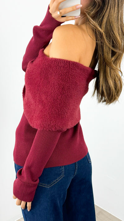 CARLY OFF SHOULDER KNIT TOP - WINE