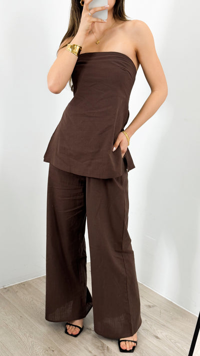 MYRA STRAPLESS TOP + PANT SET - CHOCOLATE