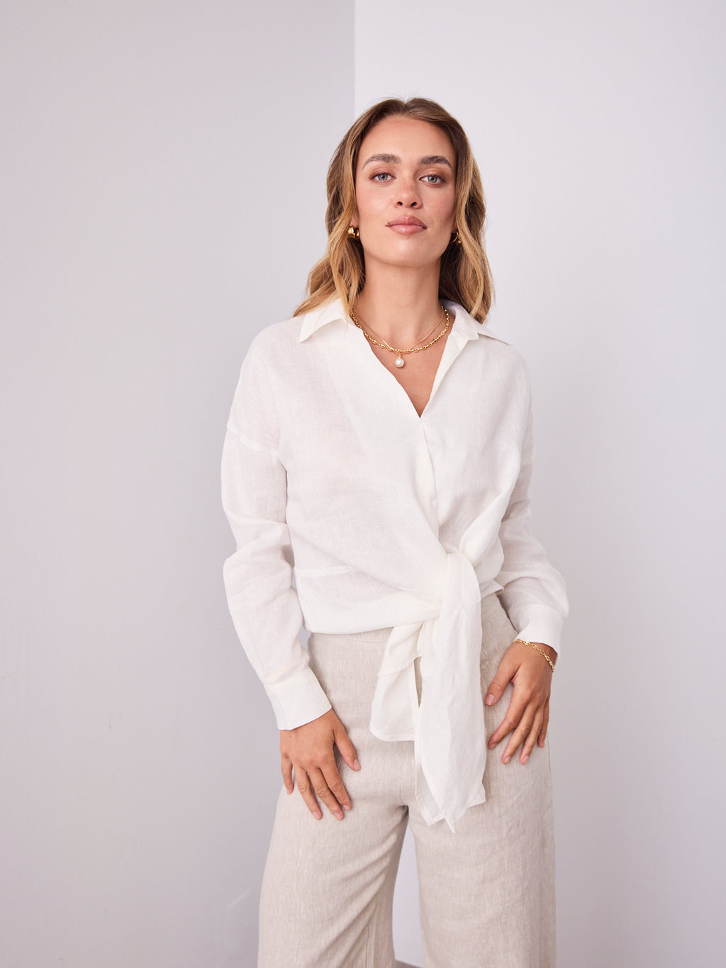 COMO LONG SLEEVE LINEN SHIRT - WHITE