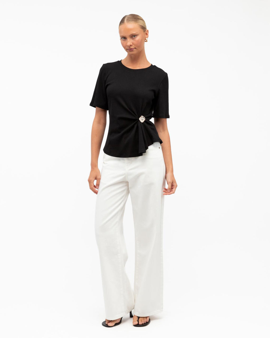 STACEY RIBBED T-SHIRT TOP - BLACK