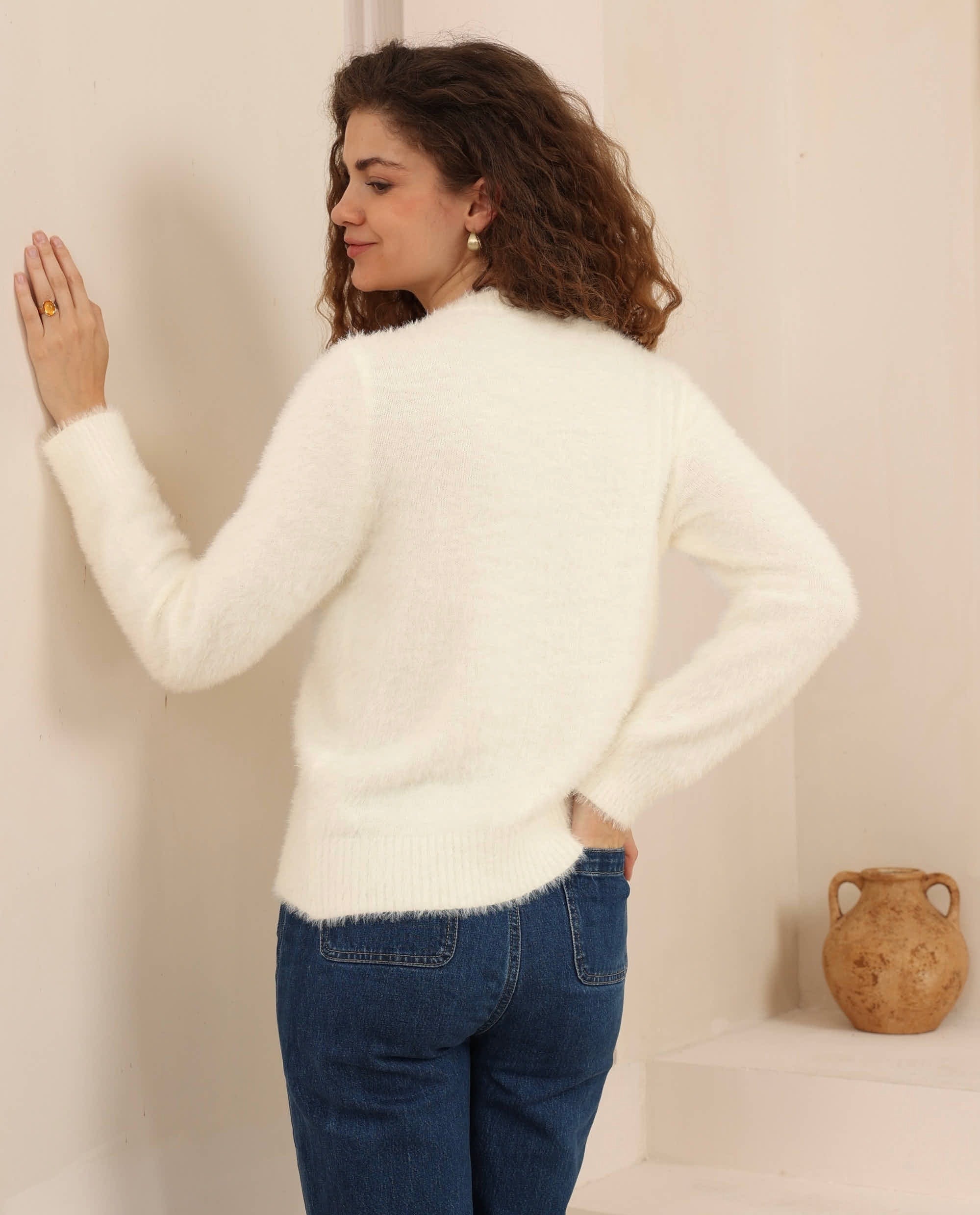 DOMINIQUE ZIP FLUFFY KNIT - WHITE