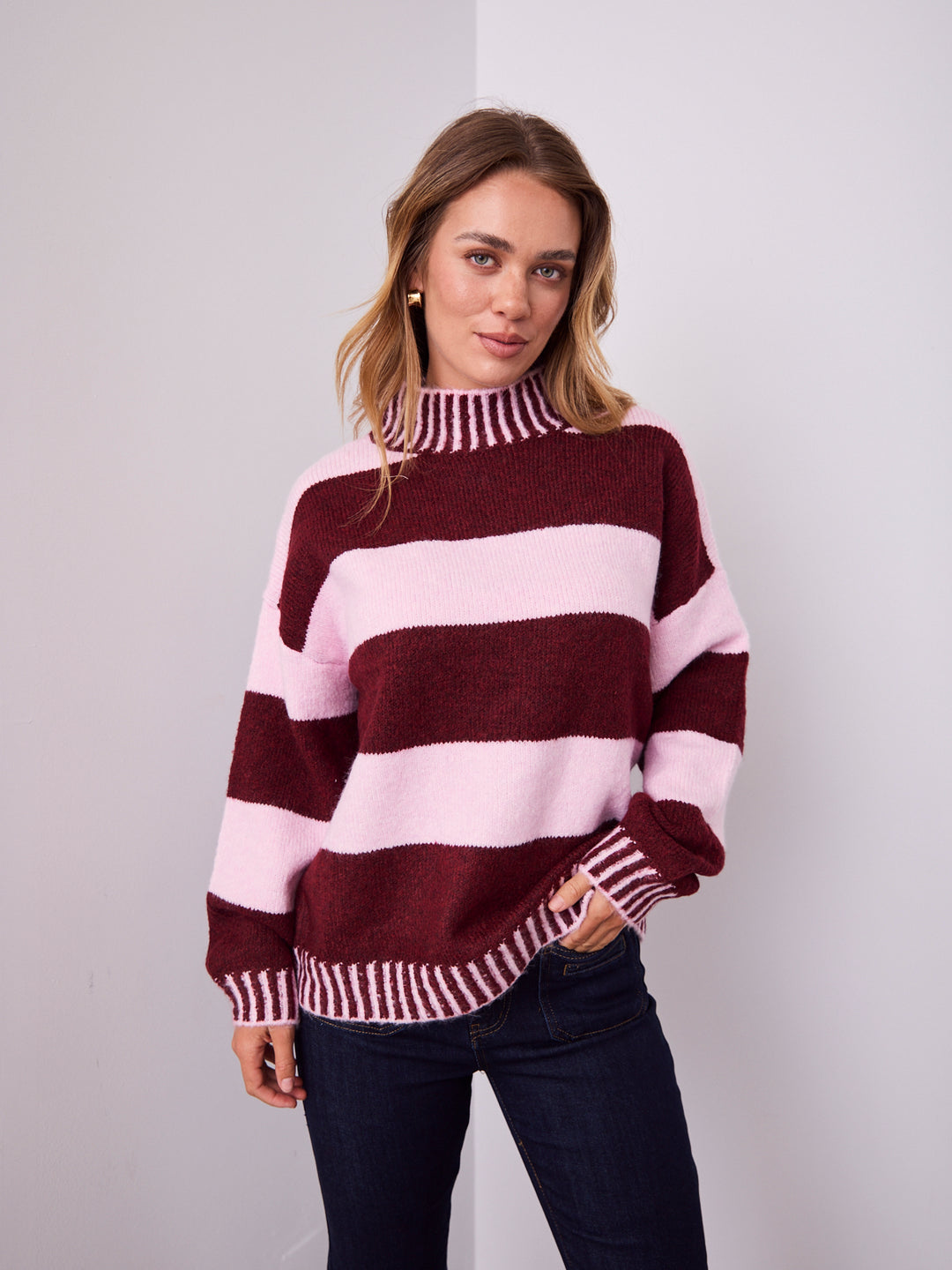 BESSIE BLOCK STRIPE KNIT - WINE/PINK