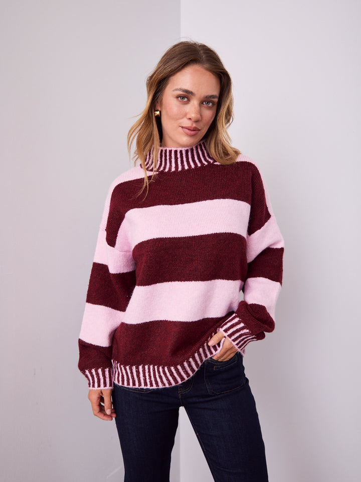 BESSIE BLOCK STRIPE KNIT - WINE/PINK